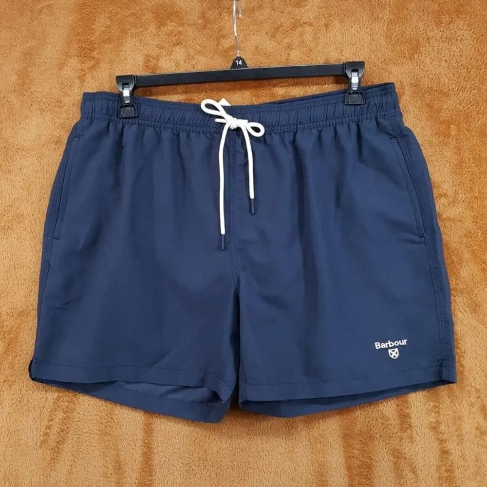 BARBOUR Swim Trunks Mens XL Navy Blue Drawstring Lined Staple Logo Shorts 5